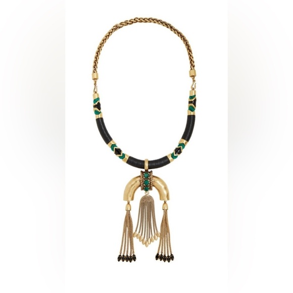 Stella & Dot Tribal Statement Necklace Gold Black Green Enamel Tassel Boho - Picture 1 of 4